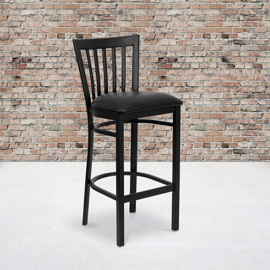 Black School House Back Metal Restaurant Barstool - Black Vinyl Seat