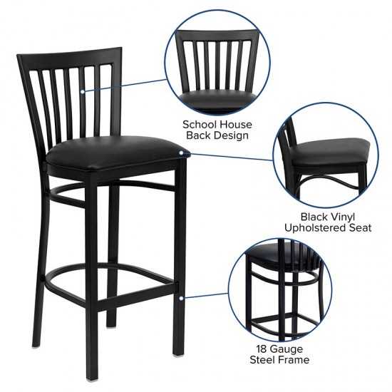 Black School House Back Metal Restaurant Barstool - Black Vinyl Seat