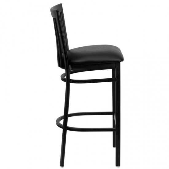 Black School House Back Metal Restaurant Barstool - Black Vinyl Seat