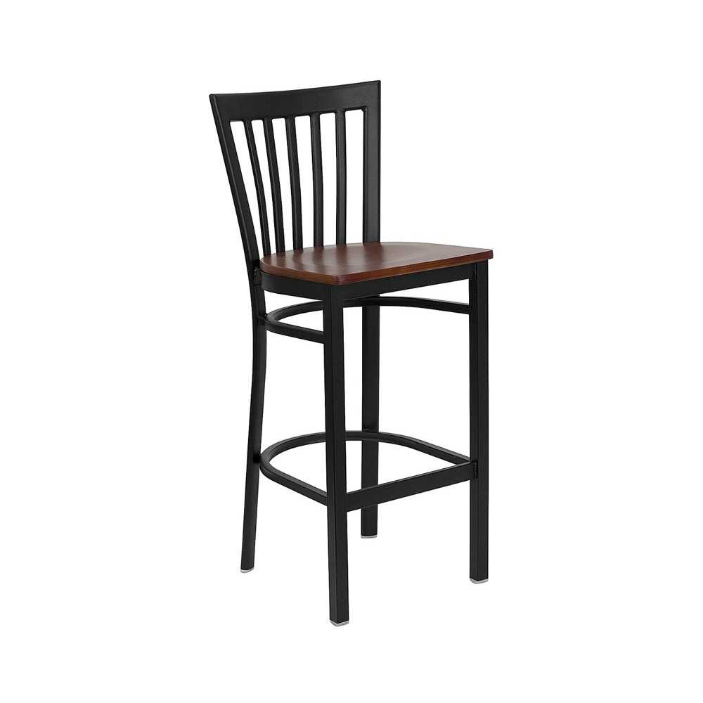 Black School House Back Metal Restaurant Barstool - Cherry Wood Seat Black School House Back Metal Restaurant Barstool - Cherry Wood Seat