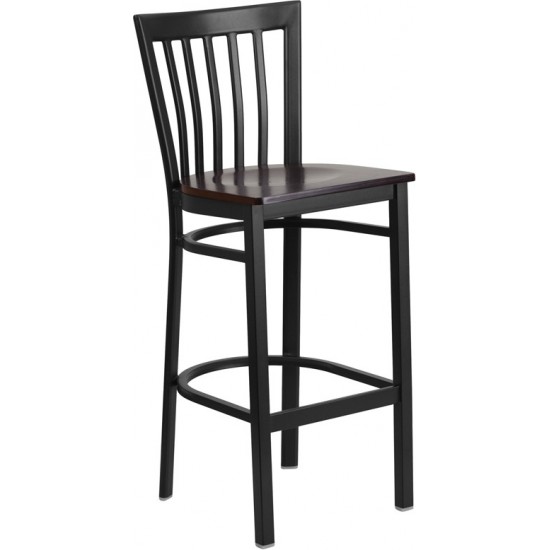 Black School House Back Metal Restaurant Barstool - Walnut Wood Seat