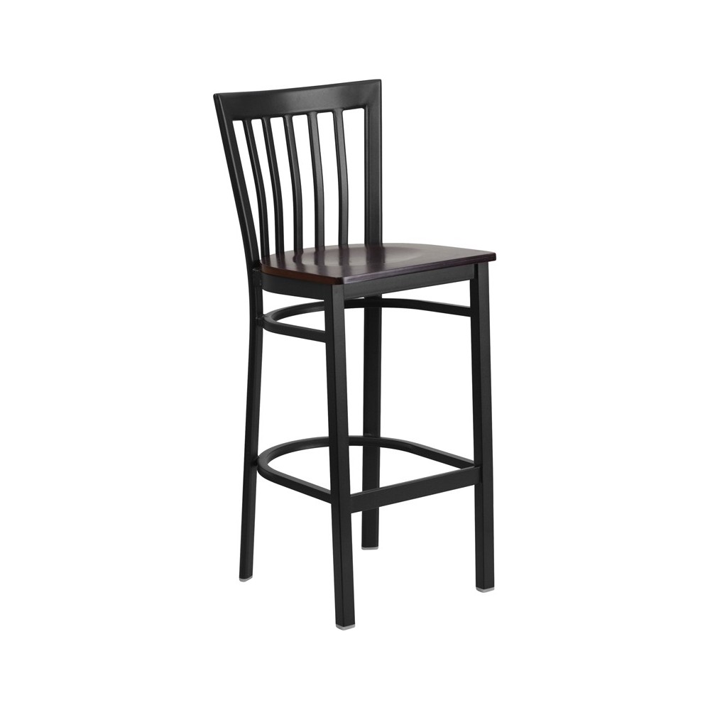 Black School House Back Metal Restaurant Barstool - Walnut Wood Seat