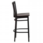 Black School House Back Metal Restaurant Barstool - Walnut Wood Seat