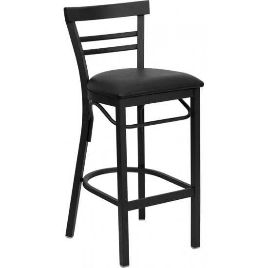 Black Two-Slat Ladder Back Metal Restaurant Barstool - Black Vinyl Seat