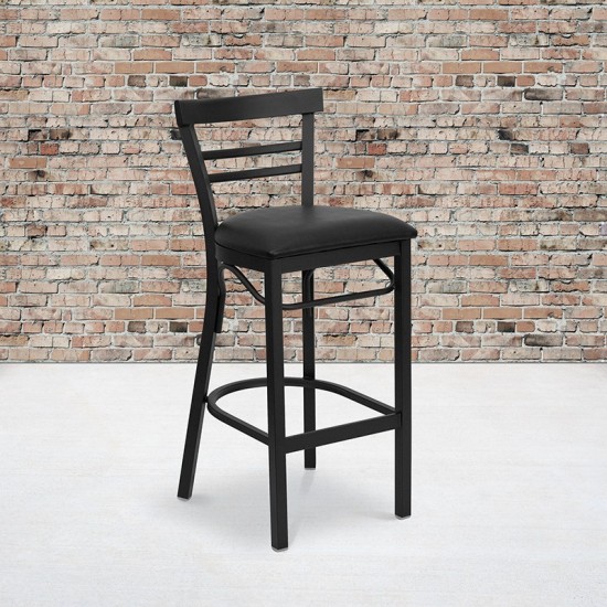 Black Two-Slat Ladder Back Metal Restaurant Barstool - Black Vinyl Seat