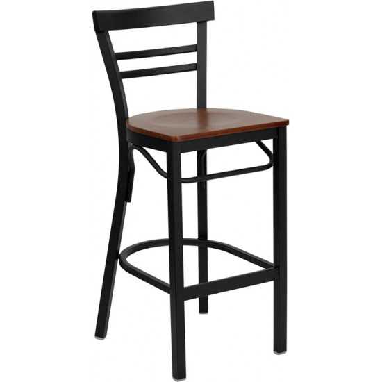 Black Two-Slat Ladder Back Metal Restaurant Barstool - Cherry Wood Seat