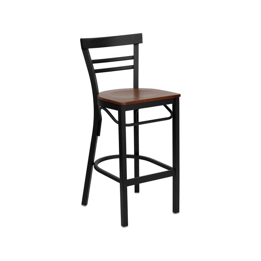 Black Two-Slat Ladder Back Metal Restaurant Barstool - Cherry Wood Seat