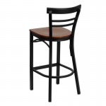 Black Two-Slat Ladder Back Metal Restaurant Barstool - Cherry Wood Seat