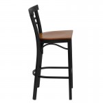 Black Two-Slat Ladder Back Metal Restaurant Barstool - Cherry Wood Seat