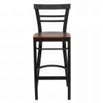 Black Two-Slat Ladder Back Metal Restaurant Barstool - Cherry Wood Seat