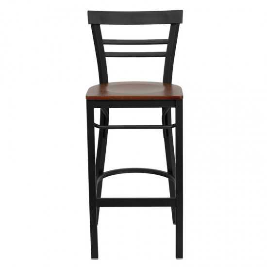 Black Two-Slat Ladder Back Metal Restaurant Barstool - Cherry Wood Seat