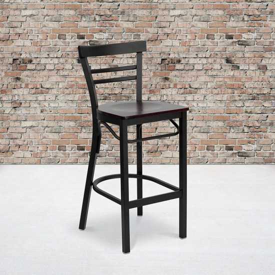 Black Two-Slat Ladder Back Metal Restaurant Barstool - Mahogany Wood Seat