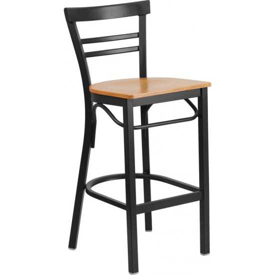 Black Two-Slat Ladder Back Metal Restaurant Barstool - Natural Wood Seat