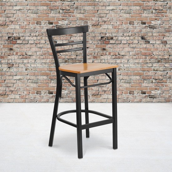 Black Two-Slat Ladder Back Metal Restaurant Barstool - Natural Wood Seat