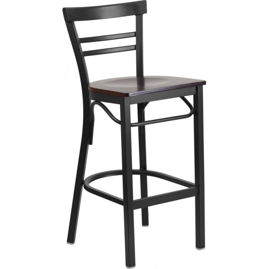 Black Two-Slat Ladder Back Metal Restaurant Barstool - Walnut Wood Seat