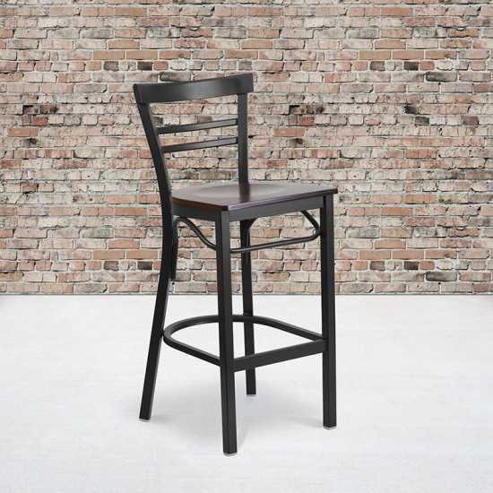 Black Two-Slat Ladder Back Metal Restaurant Barstool - Walnut Wood Seat