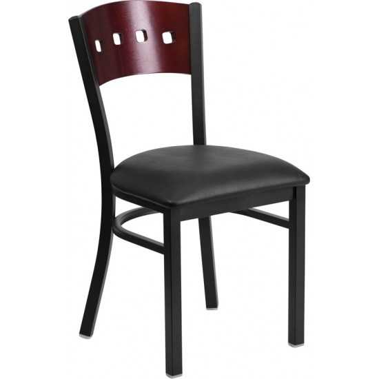 Black 4 Square Back Metal Restaurant Chair - Mahogany Wood Back, Black Vinyl Seat