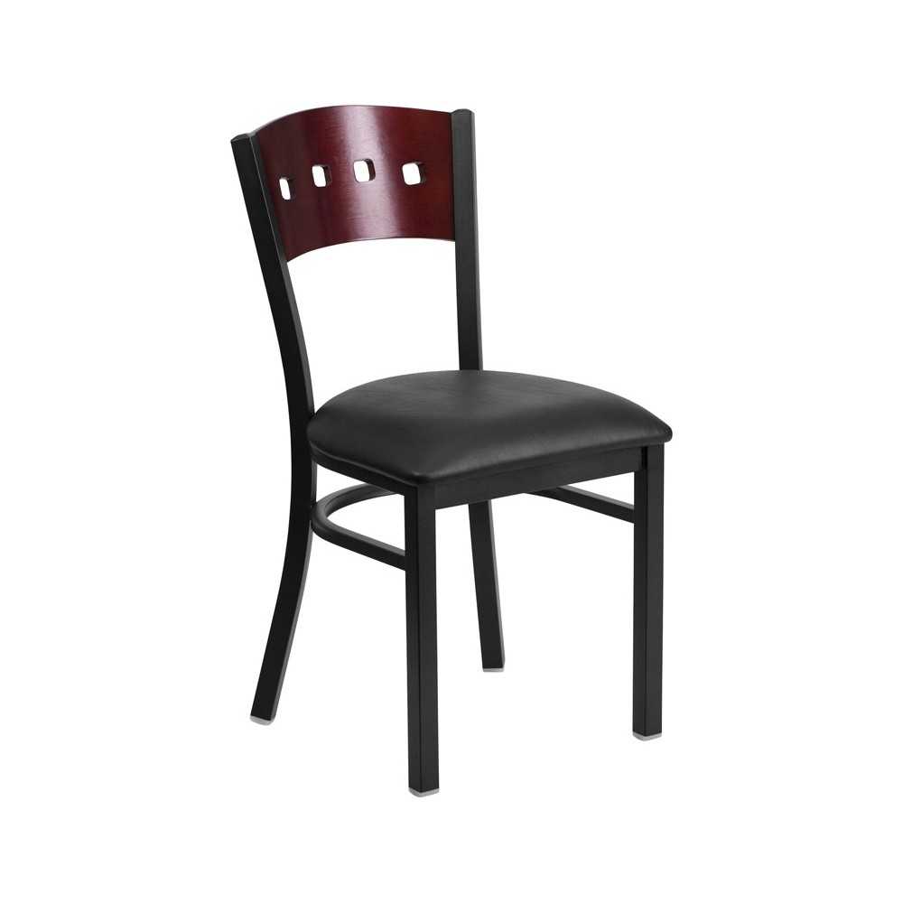 Black 4 Square Back Metal Restaurant Chair - Mahogany Wood Back, Black Vinyl Seat