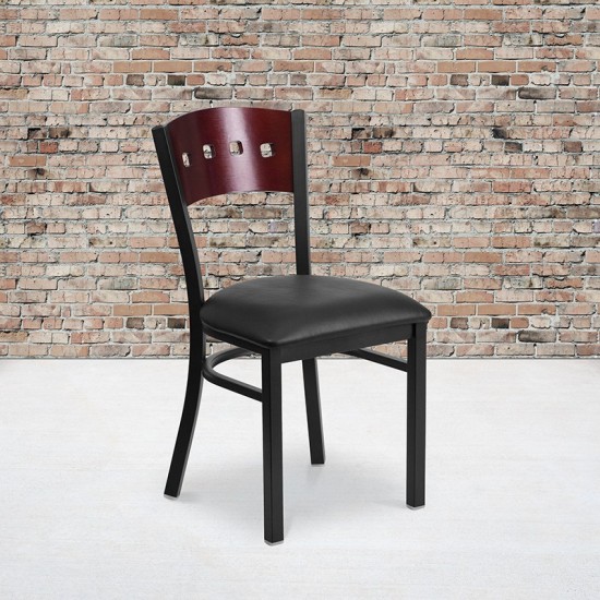 Black 4 Square Back Metal Restaurant Chair - Mahogany Wood Back, Black Vinyl Seat