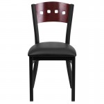 Black 4 Square Back Metal Restaurant Chair - Mahogany Wood Back, Black Vinyl Seat