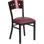 Black 4 Square Back Metal Restaurant Chair - Mahogany Wood Back, Burgundy Vinyl Seat