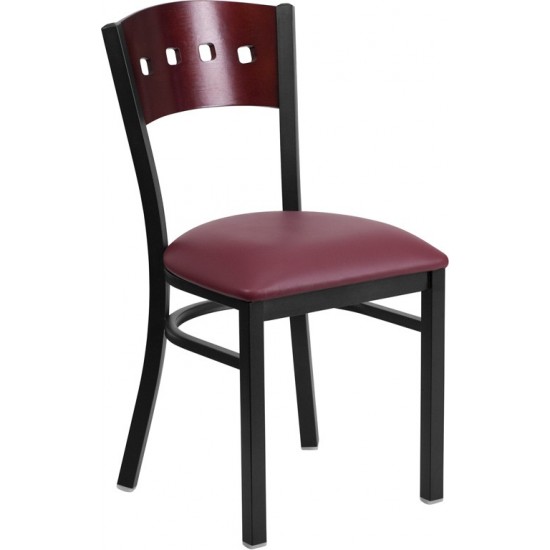 Black 4 Square Back Metal Restaurant Chair - Mahogany Wood Back, Burgundy Vinyl Seat