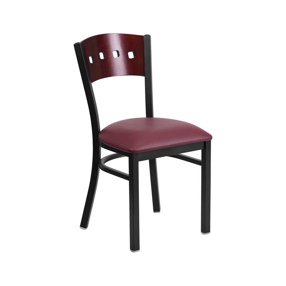 Black 4 Square Back Metal Restaurant Chair - Mahogany Wood Back, Burgundy Vinyl Seat