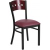 Black 4 Square Back Metal Restaurant Chair - Mahogany Wood Back, Burgundy Vinyl Seat