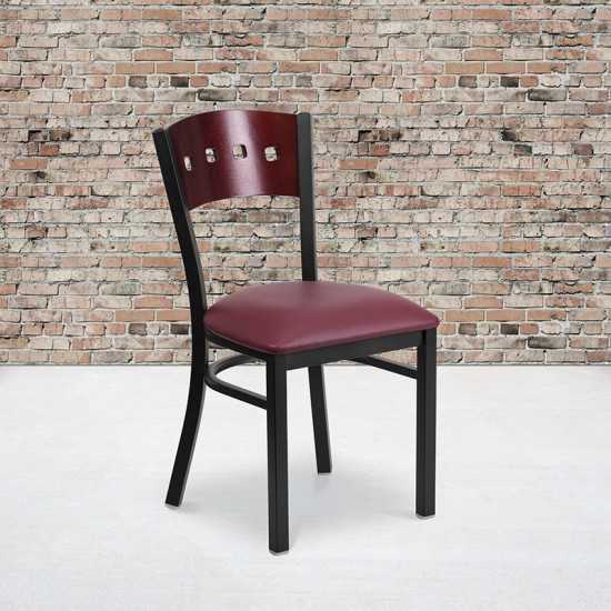 Black 4 Square Back Metal Restaurant Chair - Mahogany Wood Back, Burgundy Vinyl Seat