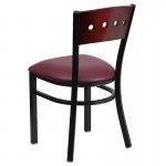 Black 4 Square Back Metal Restaurant Chair - Mahogany Wood Back, Burgundy Vinyl Seat