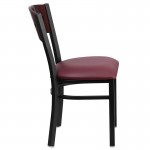 Black 4 Square Back Metal Restaurant Chair - Mahogany Wood Back, Burgundy Vinyl Seat