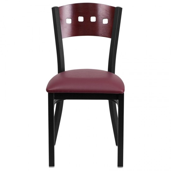 Black 4 Square Back Metal Restaurant Chair - Mahogany Wood Back, Burgundy Vinyl Seat