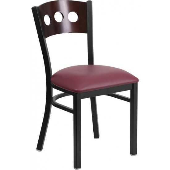 Black 3 Circle Back Metal Restaurant Chair - Walnut Wood Back, Burgundy Vinyl Seat