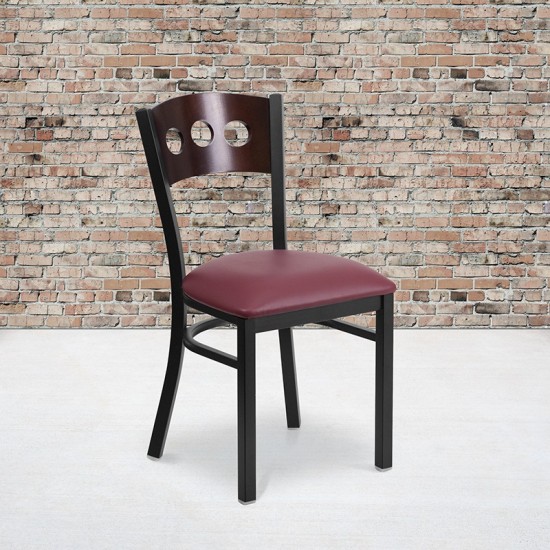 Black 3 Circle Back Metal Restaurant Chair - Walnut Wood Back, Burgundy Vinyl Seat