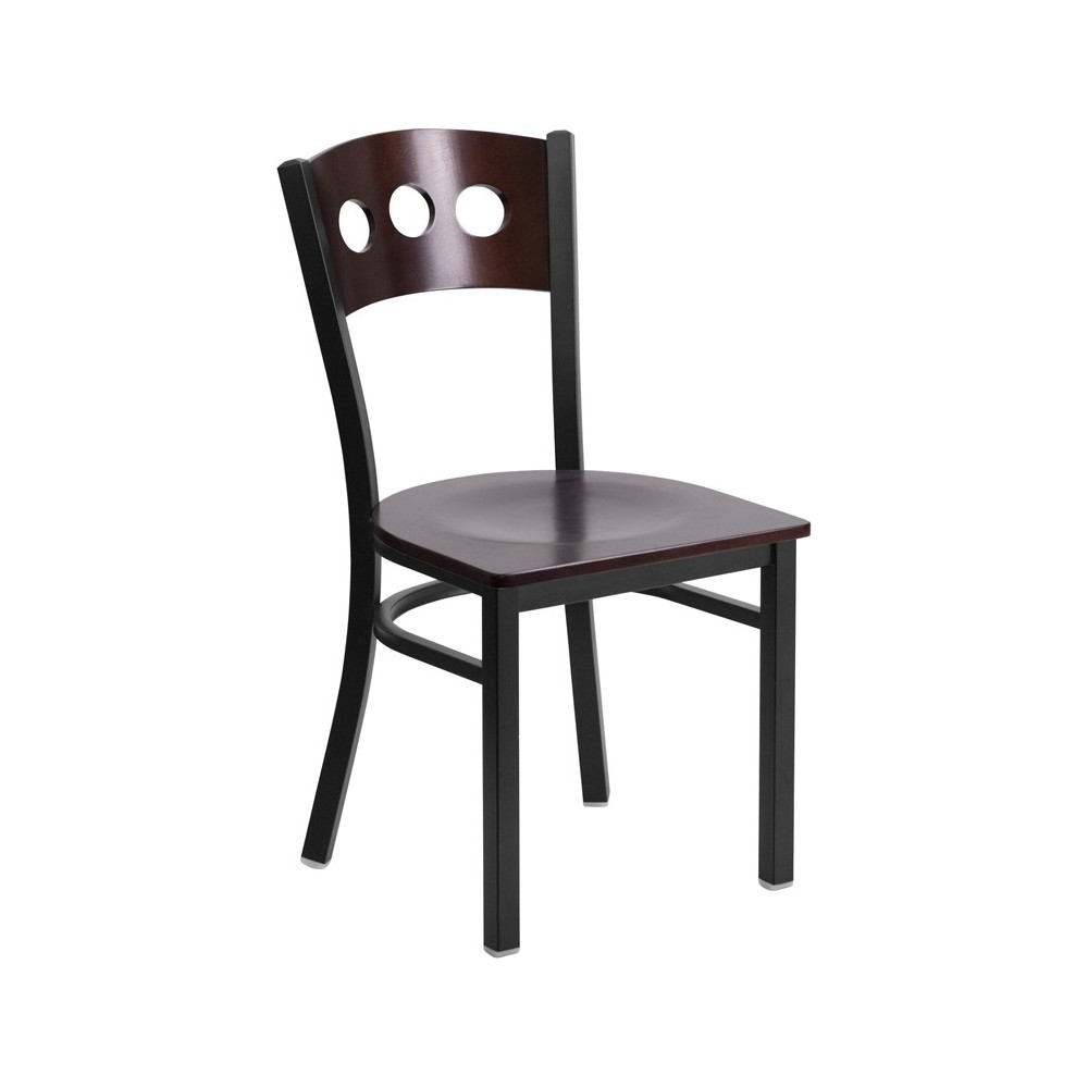 Black 3 Circle Back Metal Restaurant Chair - Walnut Wood Back & Seat