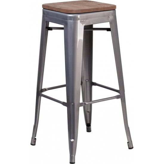 30" High Backless Clear Coated Metal Barstool with Square Wood Seat