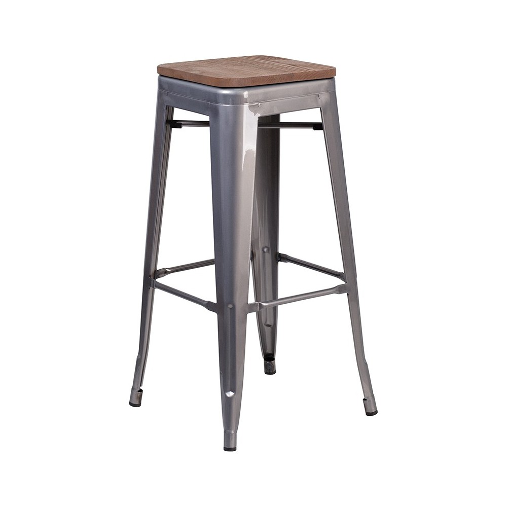 30" High Backless Clear Coated Metal Barstool with Square Wood Seat