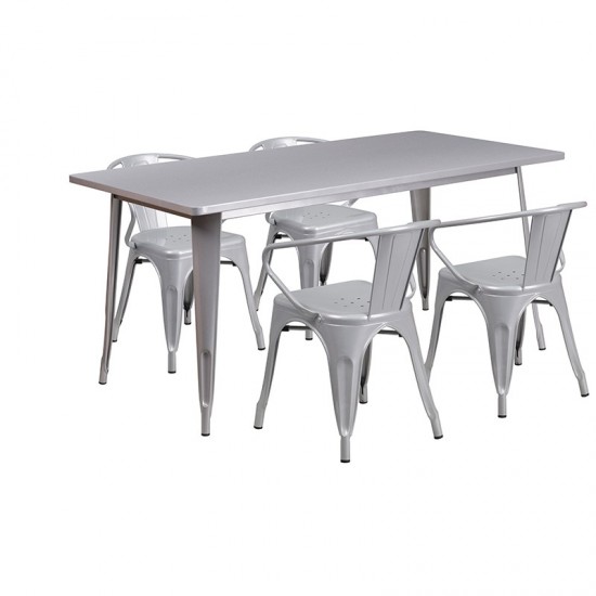 Commercial Grade 31.5" x 63" Rectangular Silver Metal Indoor-Outdoor Table Set with 4 Arm Chairs