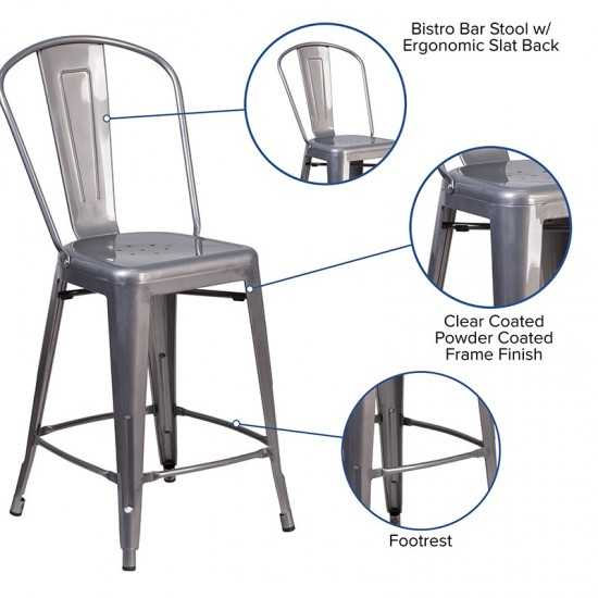 24'' High Clear Coated Indoor Counter Height Stool with Back