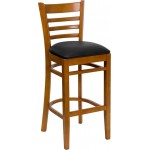 Ladder Back Cherry Wood Restaurant Barstool - Black Vinyl Seat