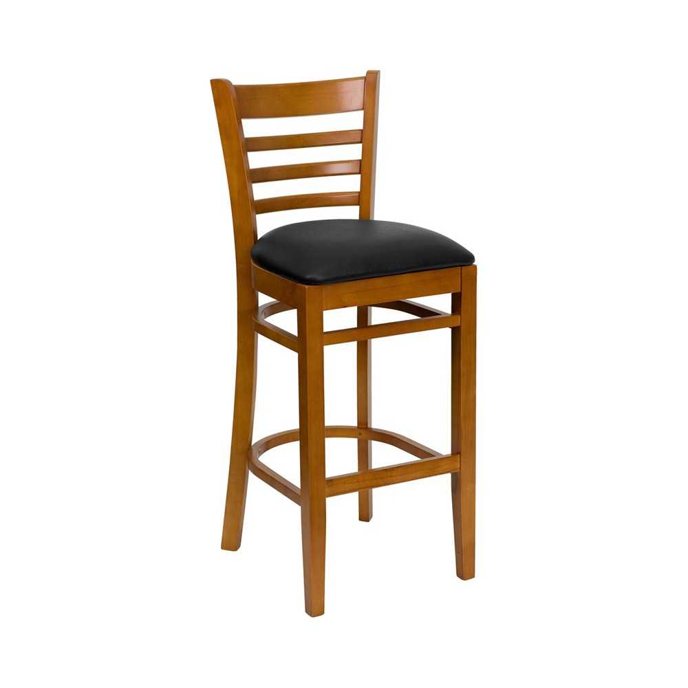 Ladder Back Cherry Wood Restaurant Barstool - Black Vinyl Seat