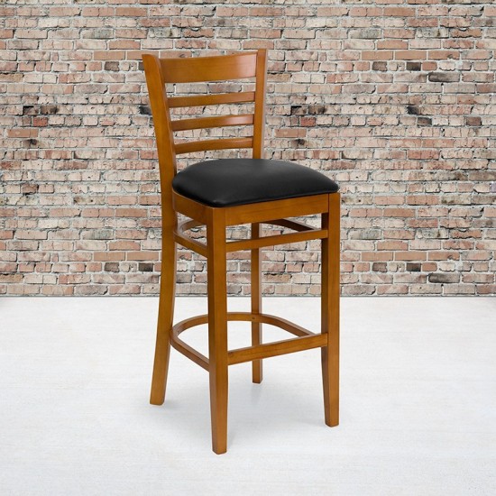 Ladder Back Cherry Wood Restaurant Barstool - Black Vinyl Seat