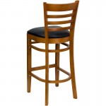 Ladder Back Cherry Wood Restaurant Barstool - Black Vinyl Seat