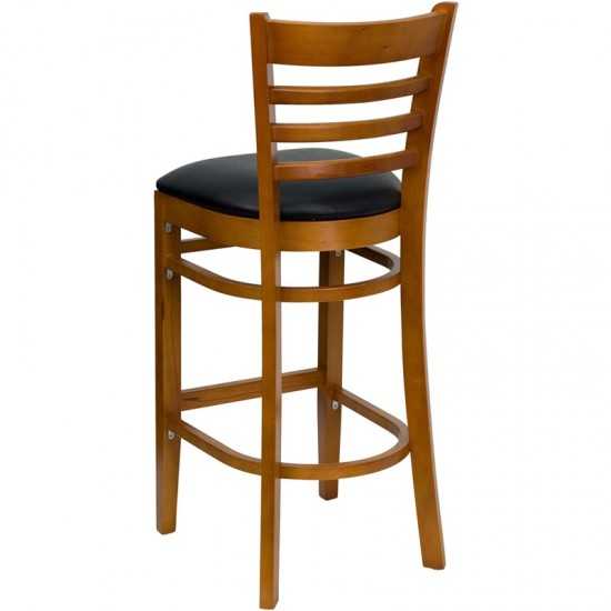 Ladder Back Cherry Wood Restaurant Barstool - Black Vinyl Seat