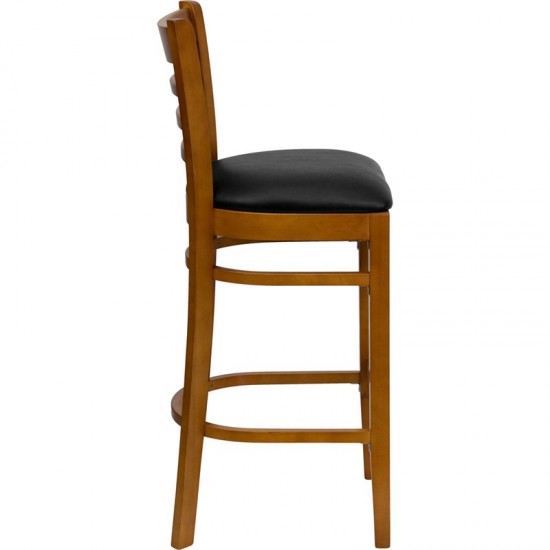 Ladder Back Cherry Wood Restaurant Barstool - Black Vinyl Seat