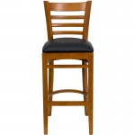 Ladder Back Cherry Wood Restaurant Barstool - Black Vinyl Seat