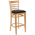 Ladder Back Natural Wood Restaurant Barstool - Black Vinyl Seat