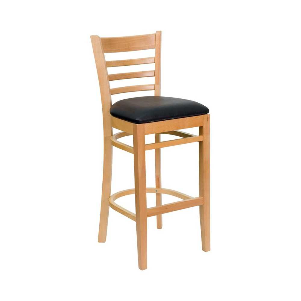 Ladder Back Natural Wood Restaurant Barstool - Black Vinyl Seat Ladder Back Natural Wood Restaurant Barstool - Black Vinyl Seat