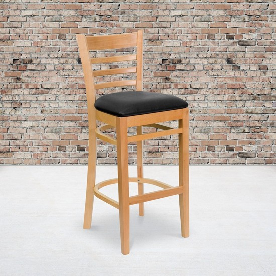 Ladder Back Natural Wood Restaurant Barstool - Black Vinyl Seat