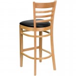 Ladder Back Natural Wood Restaurant Barstool - Black Vinyl Seat